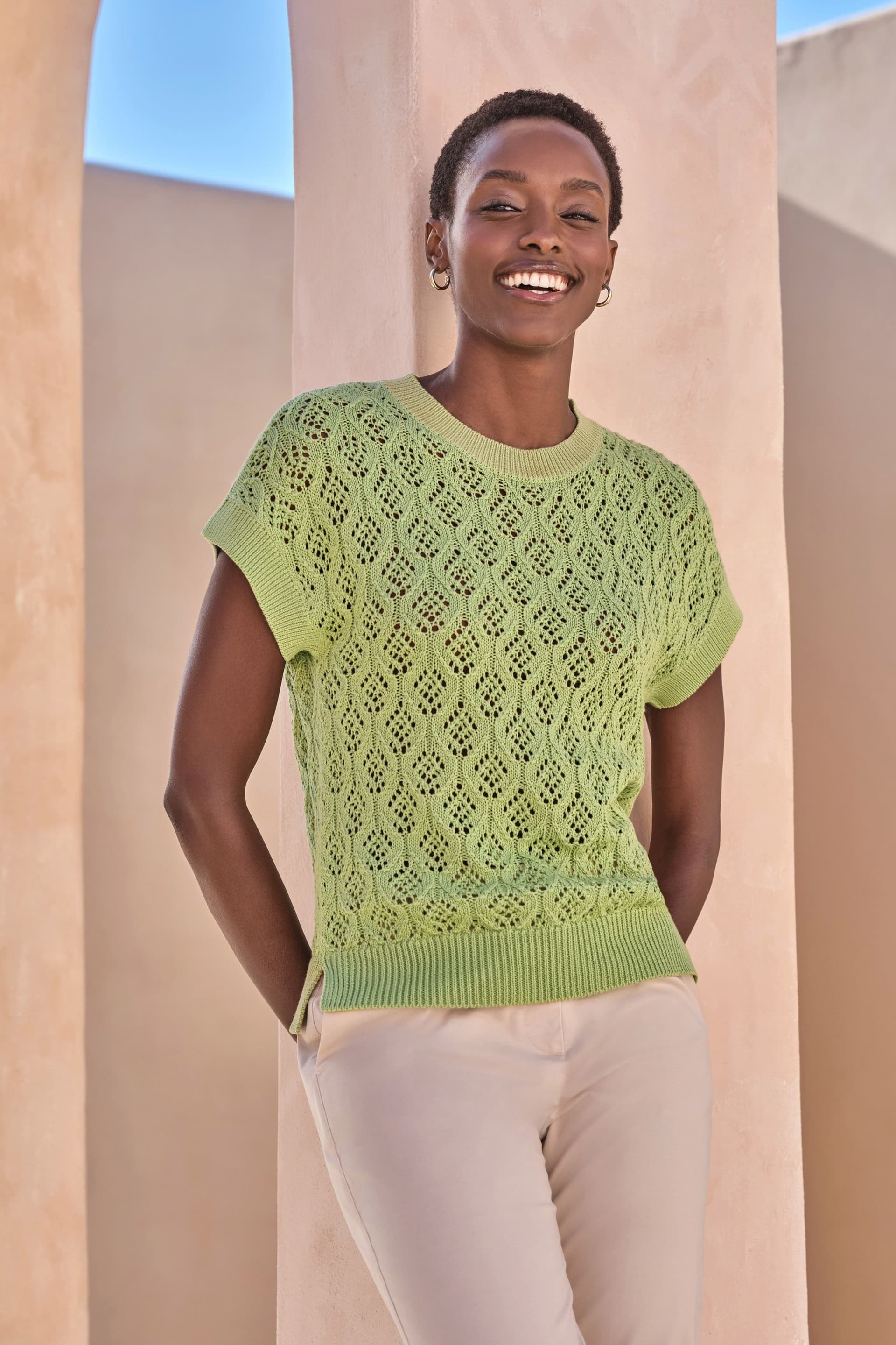 Pure Collection Pure Collection Women's Cotton Lace Knit Top in Light Green