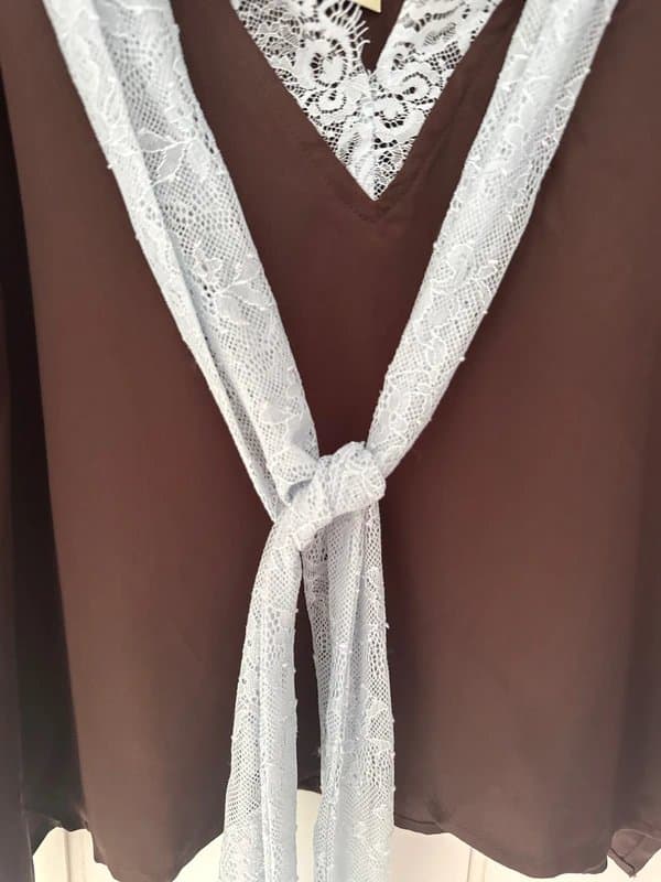 Never Fully Dressed brown with blue lace scarf neck top