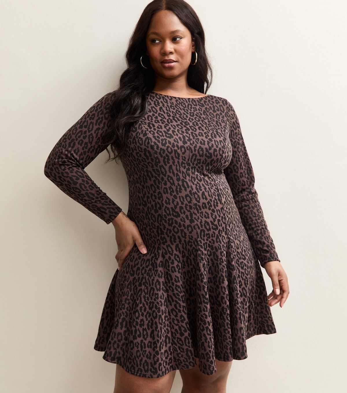 New Look Women's Curve Brown Long Sleeve Animal Print Skater Mini Dress New Look