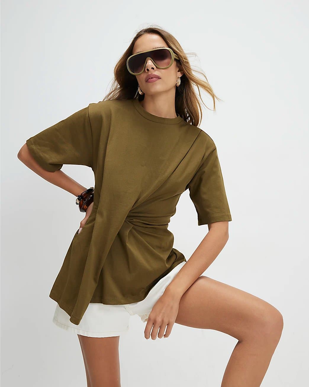 River Island River Island Womens Khaki Cotton Short Sleeve Pleat Front T-Shirt