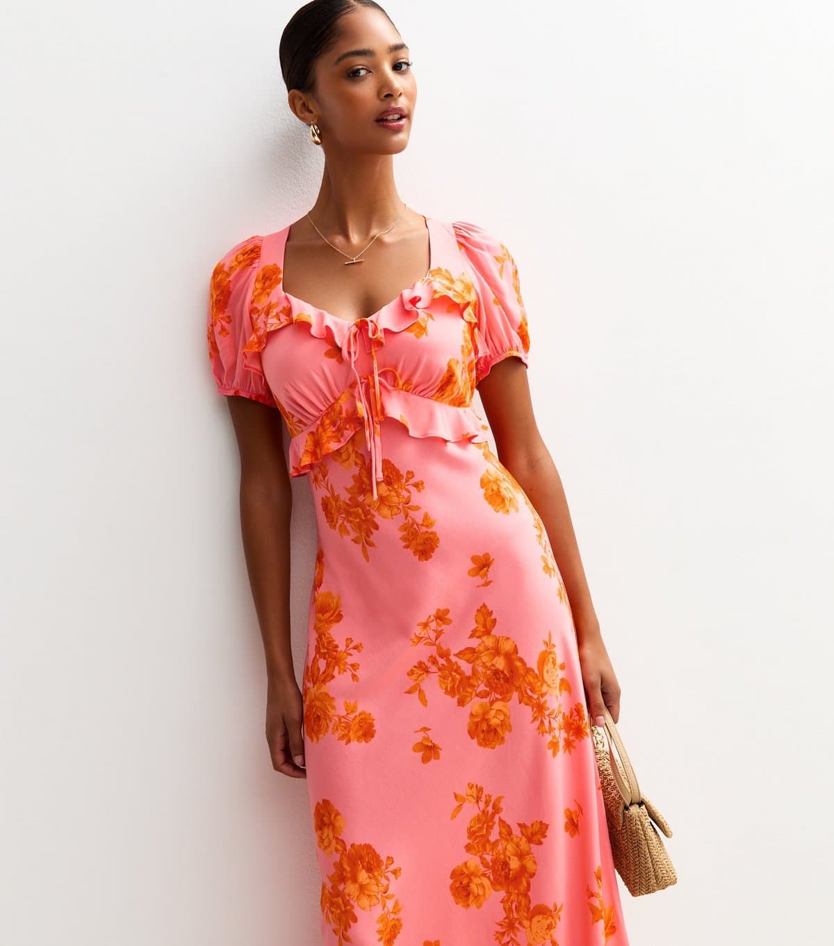 New Look Women's Pink Floral Print Ruffle Trim Milkmaid Midi Dress New Look