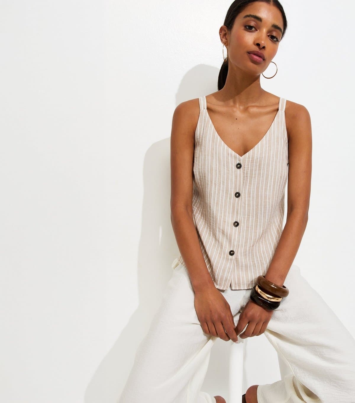New Look Women's Cream Stripe Button Cami V Neck Top New Look