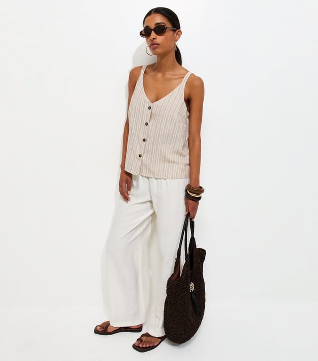 New Look Women's Cream Stripe Button Cami V Neck Top New Look - 2