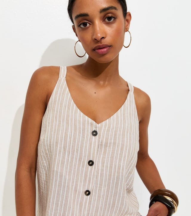 New Look Women's Cream Stripe Button Cami V Neck Top New Look - 3