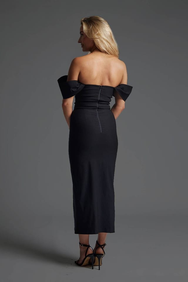 Vesper Vesper Women's Bardot Midaxi Dress with Thigh Split in Black - 3
