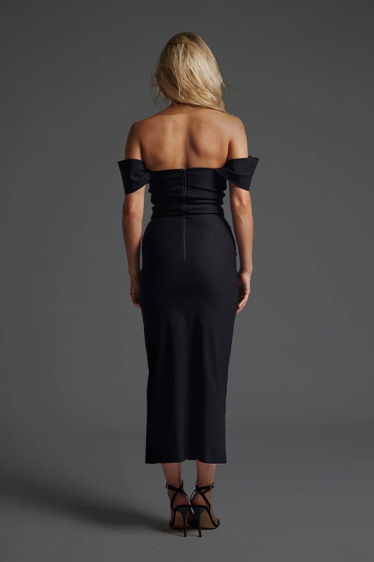 Vesper Vesper Women's Bardot Midaxi Dress with Thigh Split in Black - 4