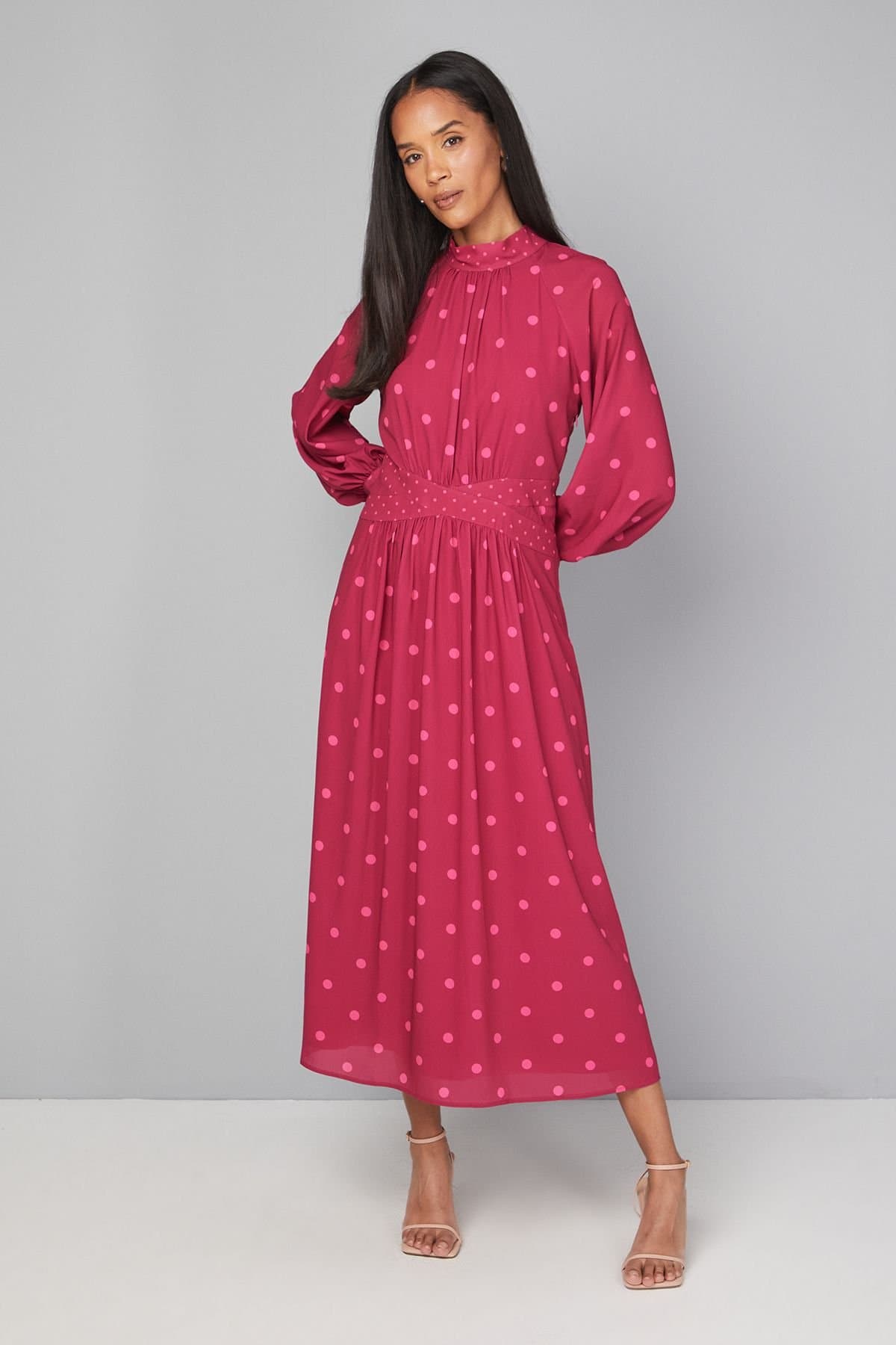 Wallis Wallis Women's Mixed Polka Dot Contrast Midi Dress in Berry