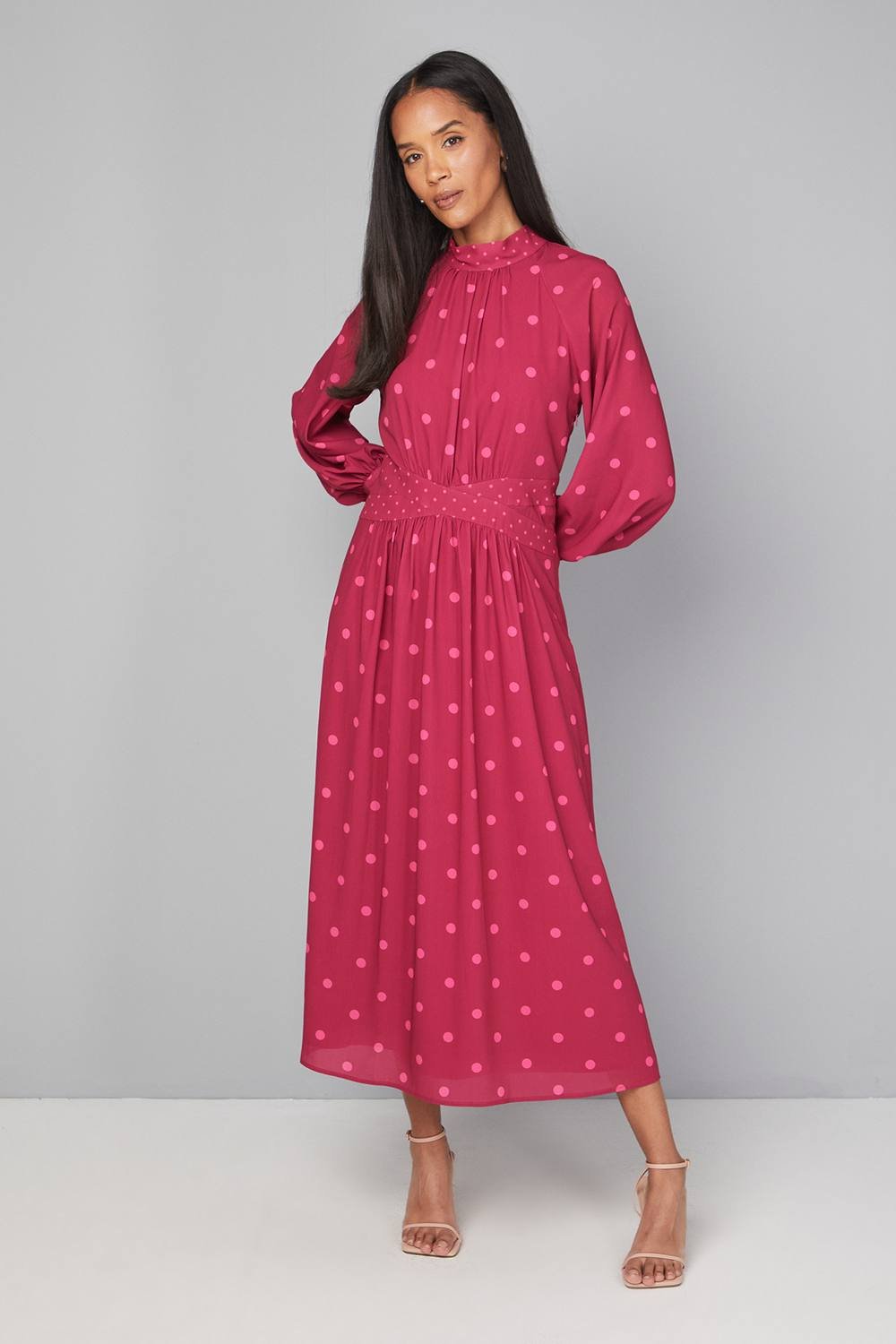 Wallis Wallis Women's Mixed Polka Dot Contrast Midi Dress in Berry - 2