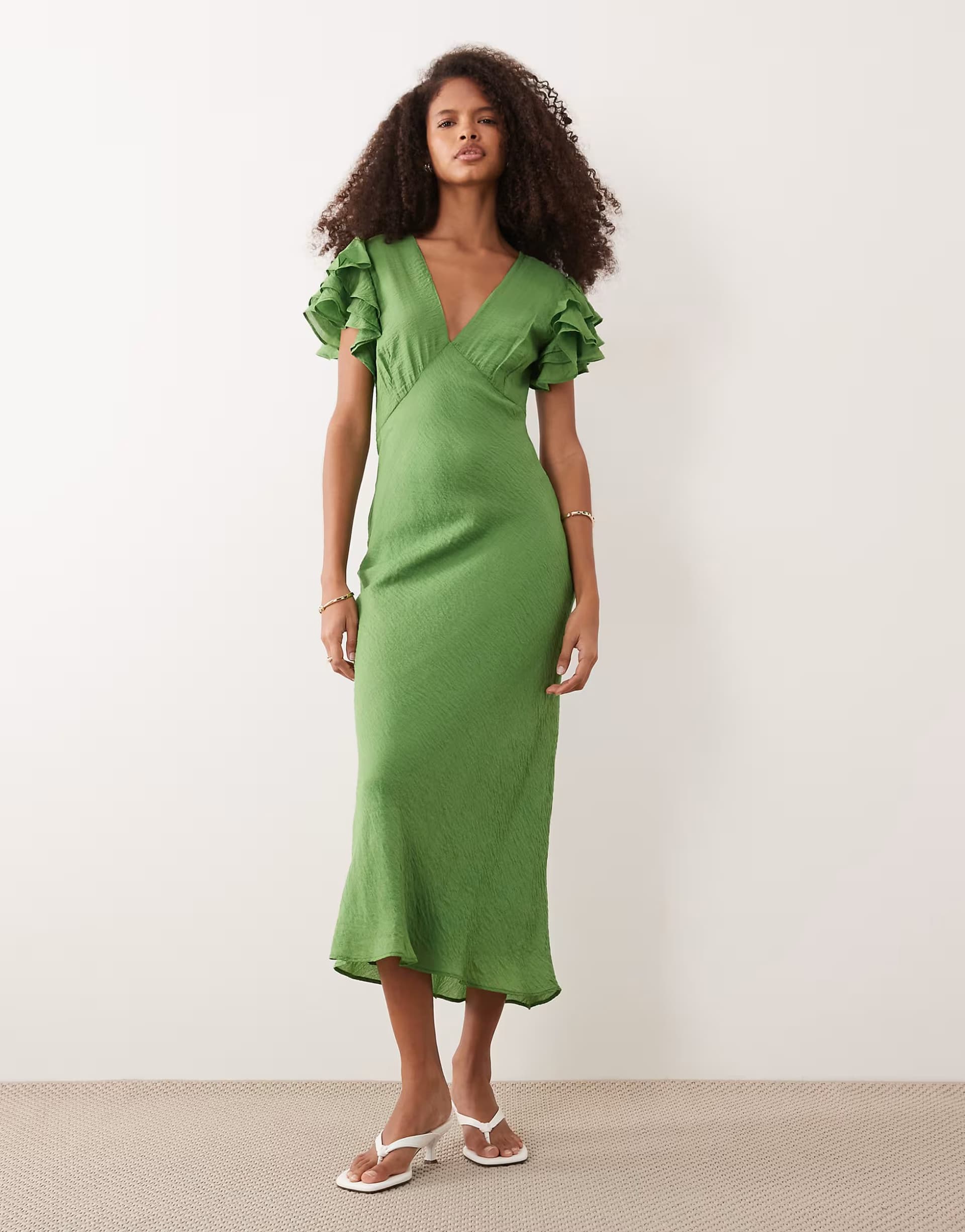 ASOS Nobody's Child Layla ruffle cap sleeve v-neck midi dress in green