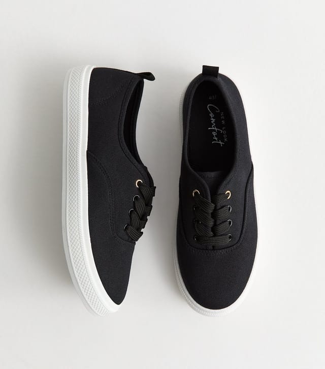 New Look Women's Black Cotton Canvas Flat Lace Up Trainers Vegan New Look - 2