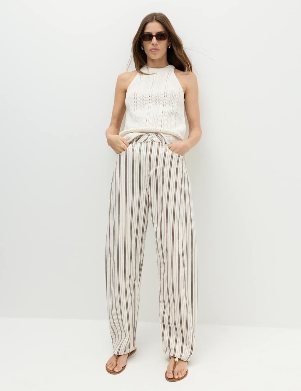 Marks & Spencer M&S Mid Rise Striped Barrel Jeans Ivory Mix