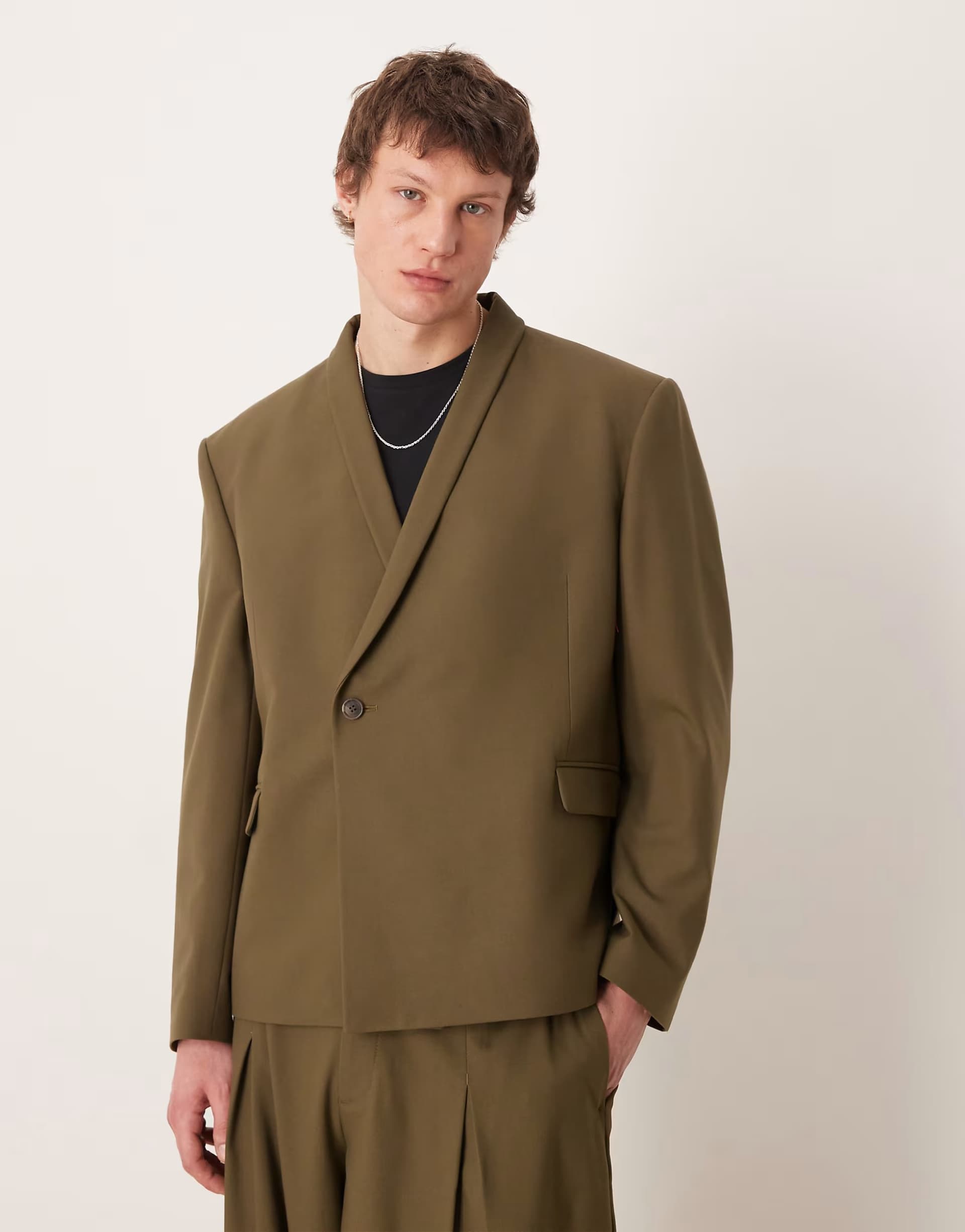 ASOS ASOS DESIGN Double Breasted Boxy Shawl Wrap Suit Jacket in Olive