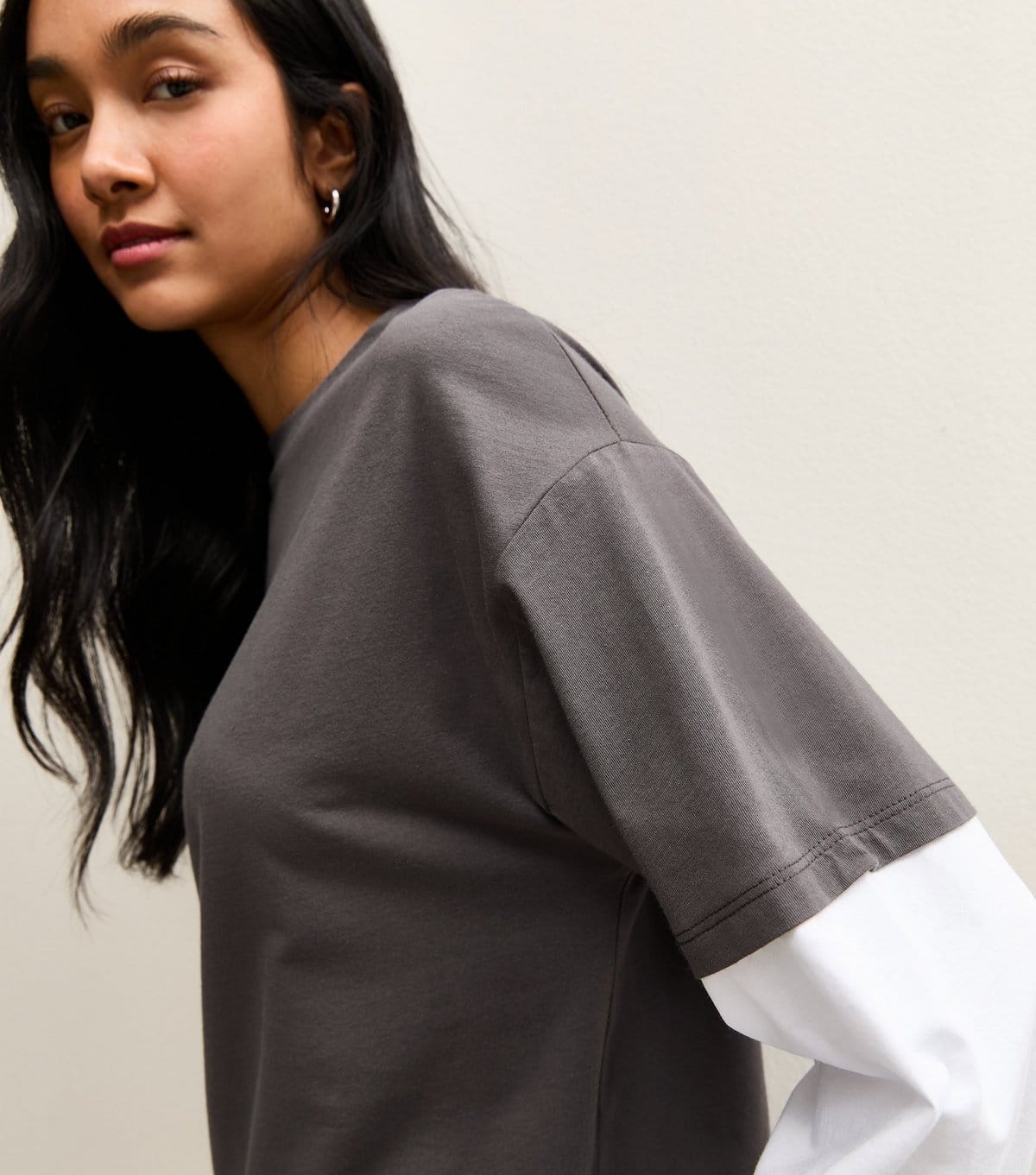 New Look Dark Grey Boxy Layered Sleeve T-Shirt