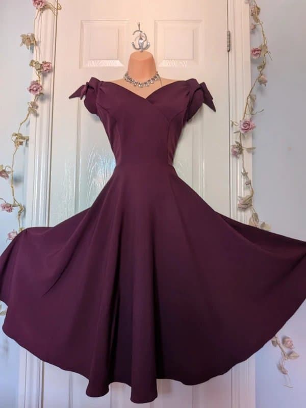 The Pretty Dress Company 💜 The Pretty Dress Company Tilly Bow Shoulder Berry Purple Fit & Flare Swing Dress Size 12 💜