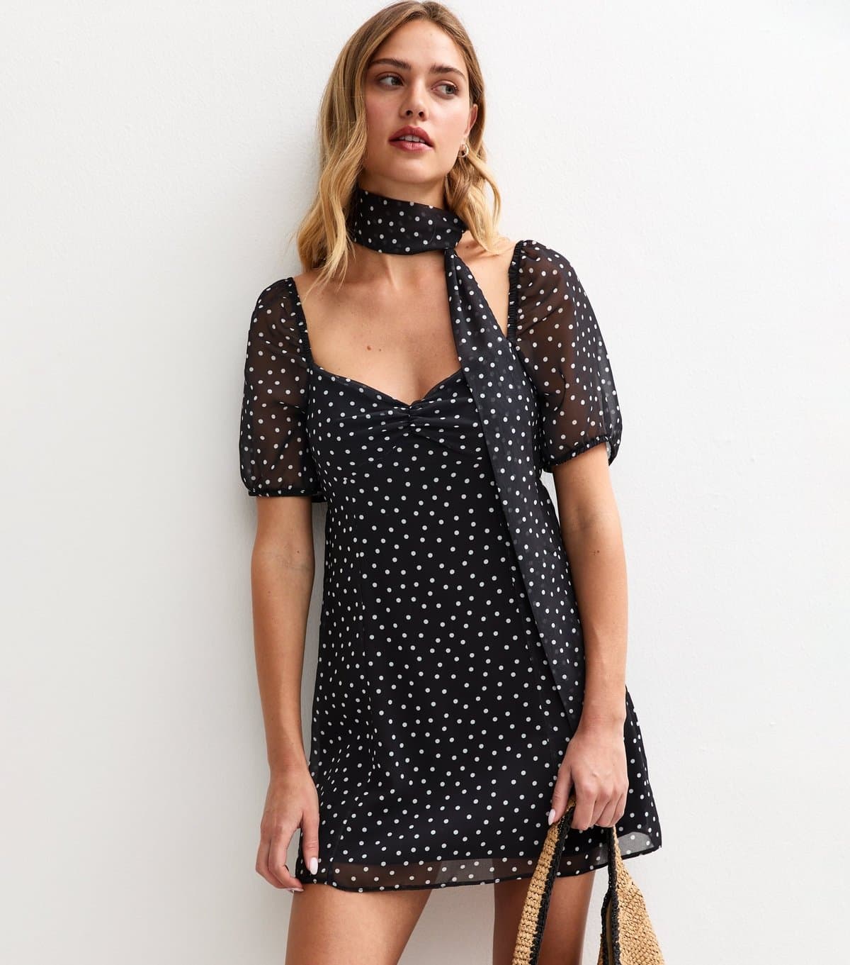 New Look Women's Black Polka Dot Print Chiffon Neck Tie Mini Dress New Look
