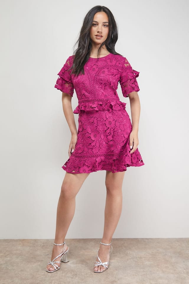 Oasis Oasis Women's Lace Trim Detail Frill Sleeve Mini Dress in Purple - 2