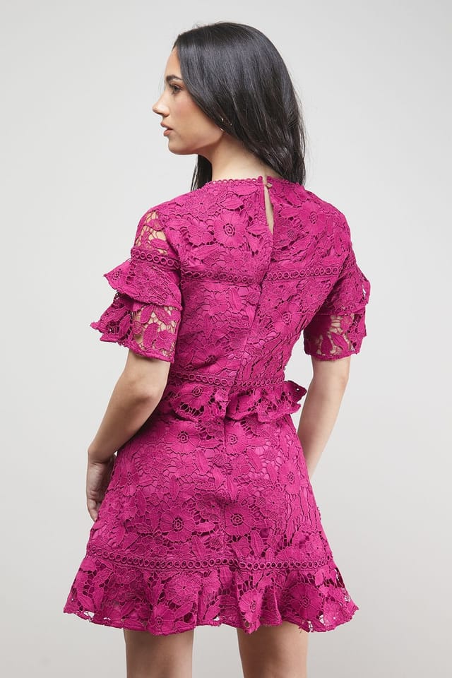 Oasis Oasis Women's Lace Trim Detail Frill Sleeve Mini Dress in Purple - 3