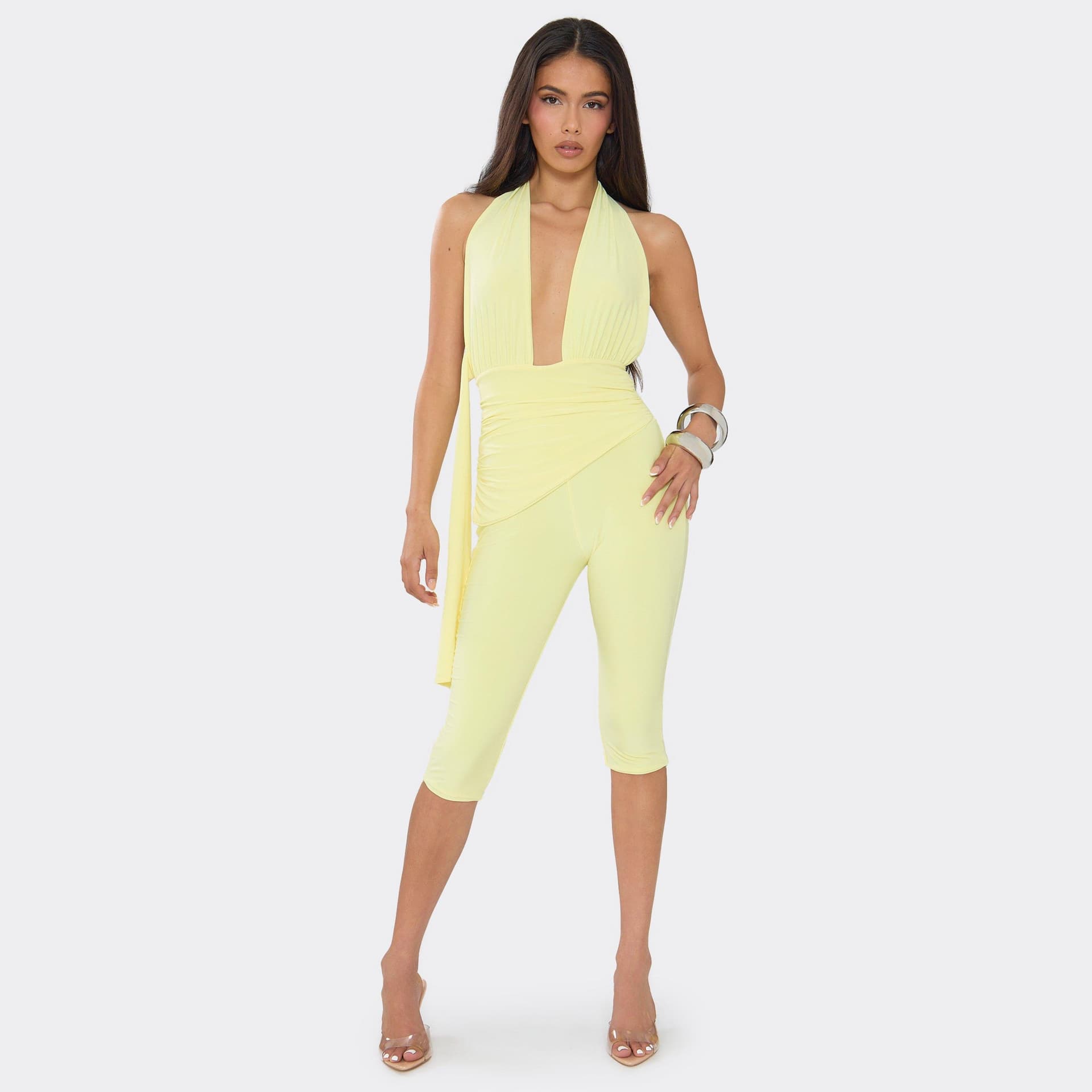 EGO Plunge Front Halterneck Drape Detail Capri Jumpsuit In Lemon., Women's Size UK 6