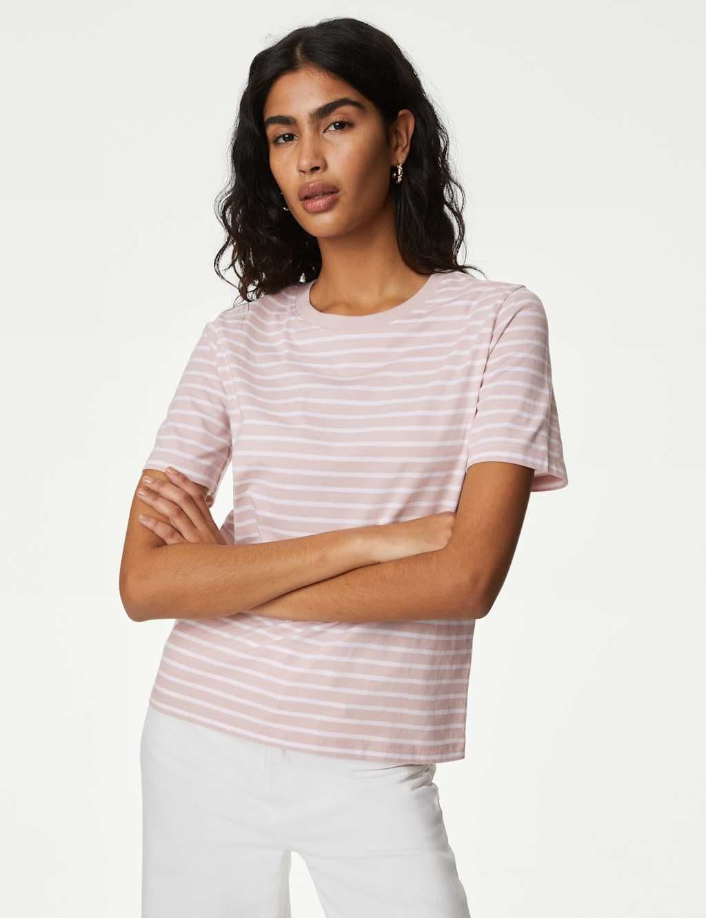 Marks & Spencer M&S Striped Crew Neck T-Shirt in Pink Mix