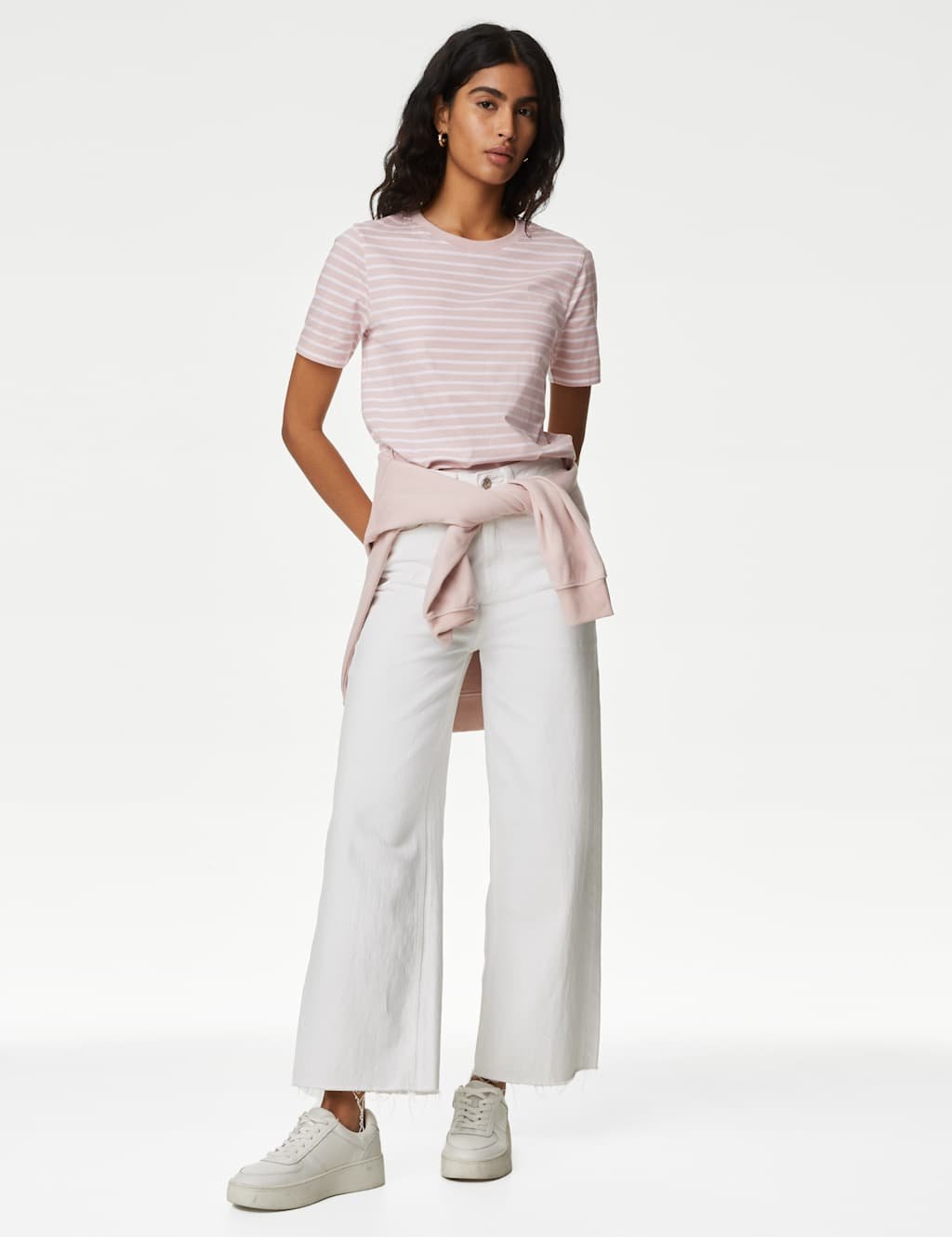 Marks & Spencer M&S Pure Cotton Striped Everyday Fit T-Shirt Pink Mix - 2