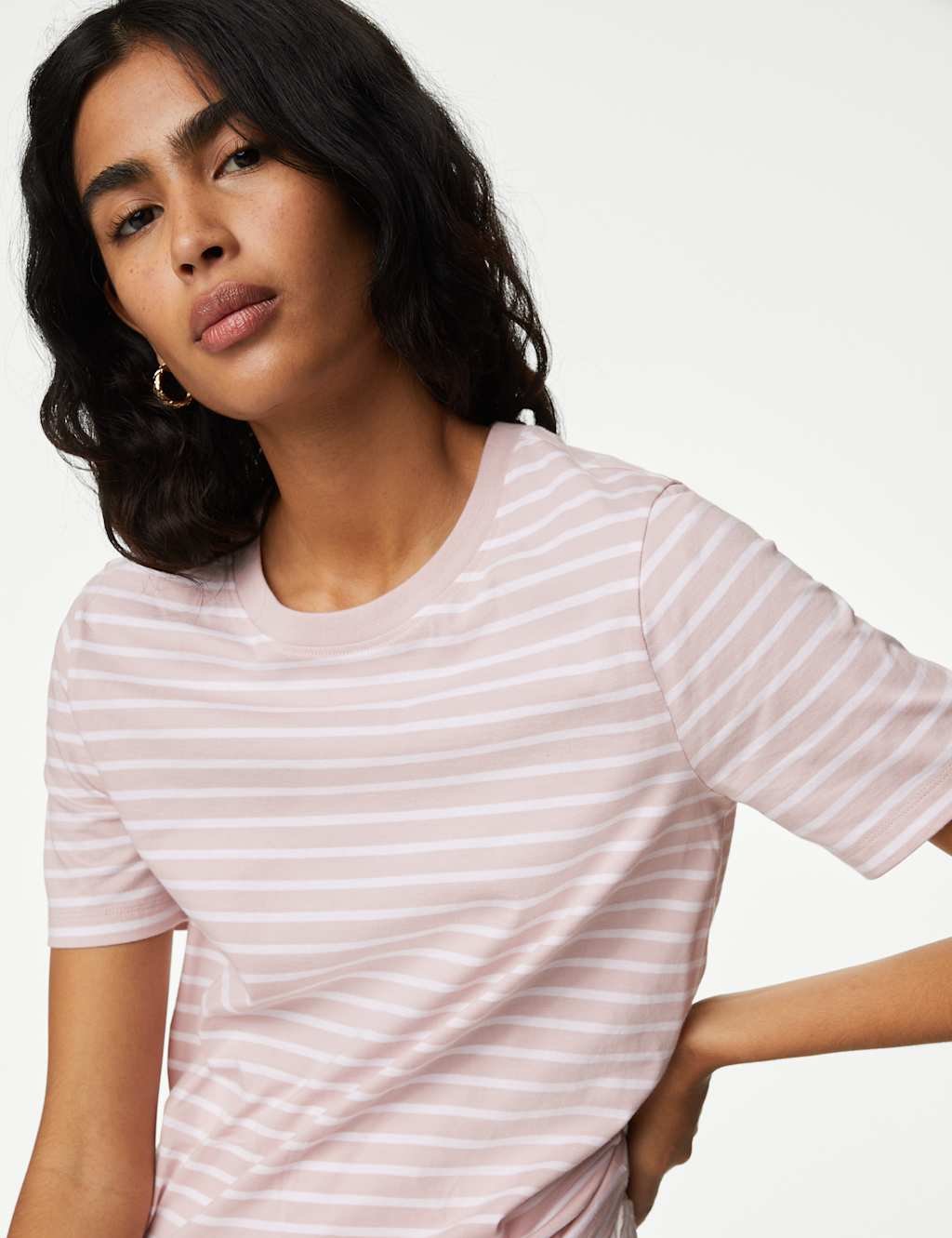 Marks & Spencer M&S Pure Cotton Striped Everyday Fit T-Shirt Pink Mix - 3