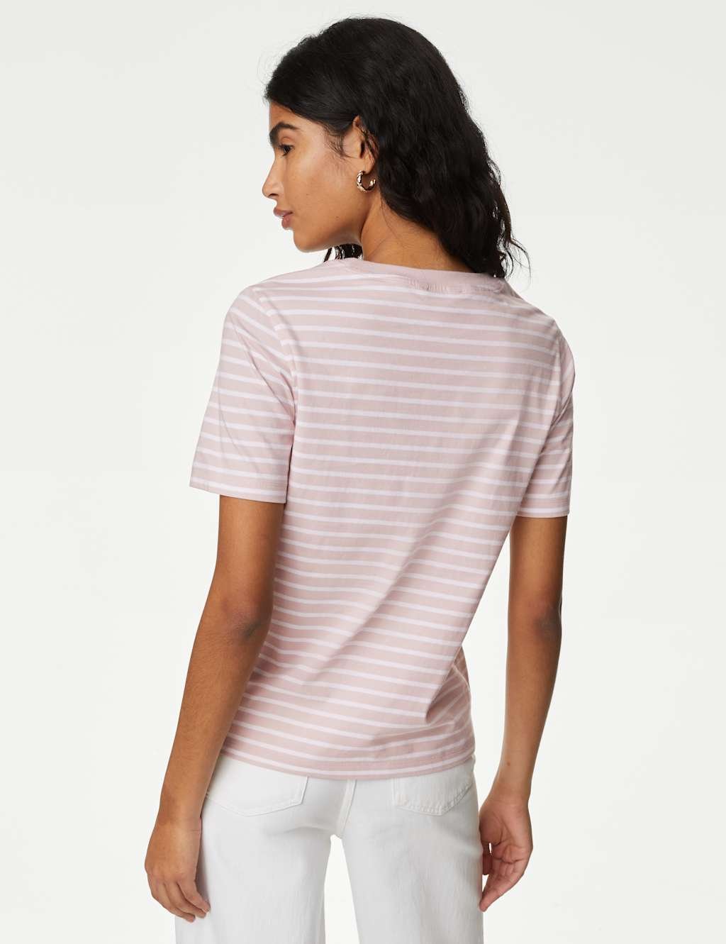 Marks & Spencer M&S Pure Cotton Striped Everyday Fit T-Shirt Pink Mix - 4
