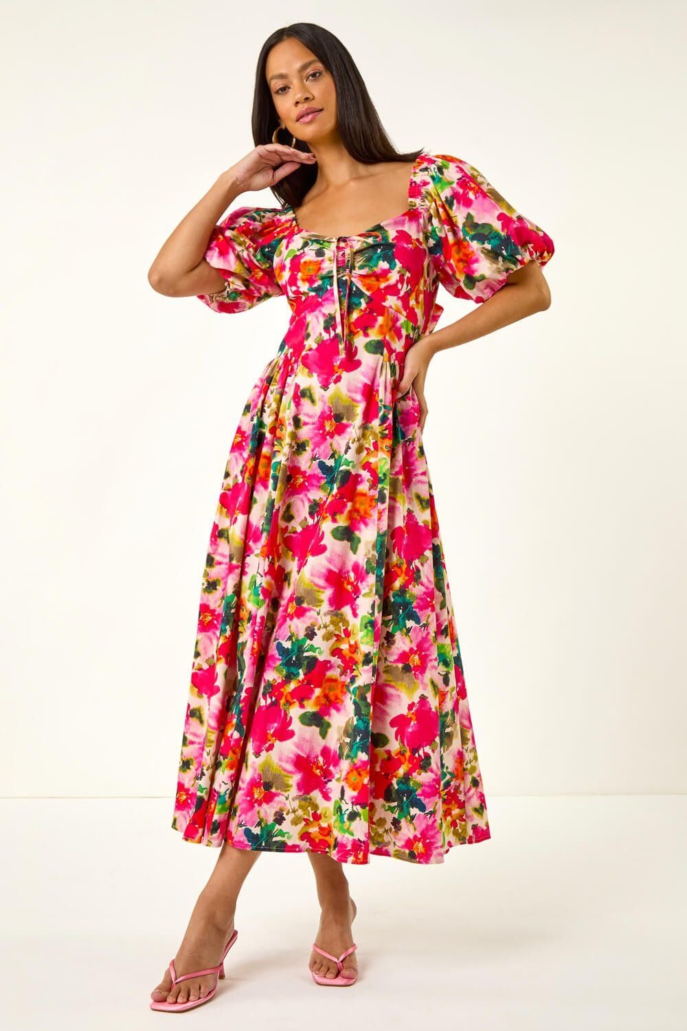 Dusk Dusk Women's Floral Pleated Puff Dress in Red - 2