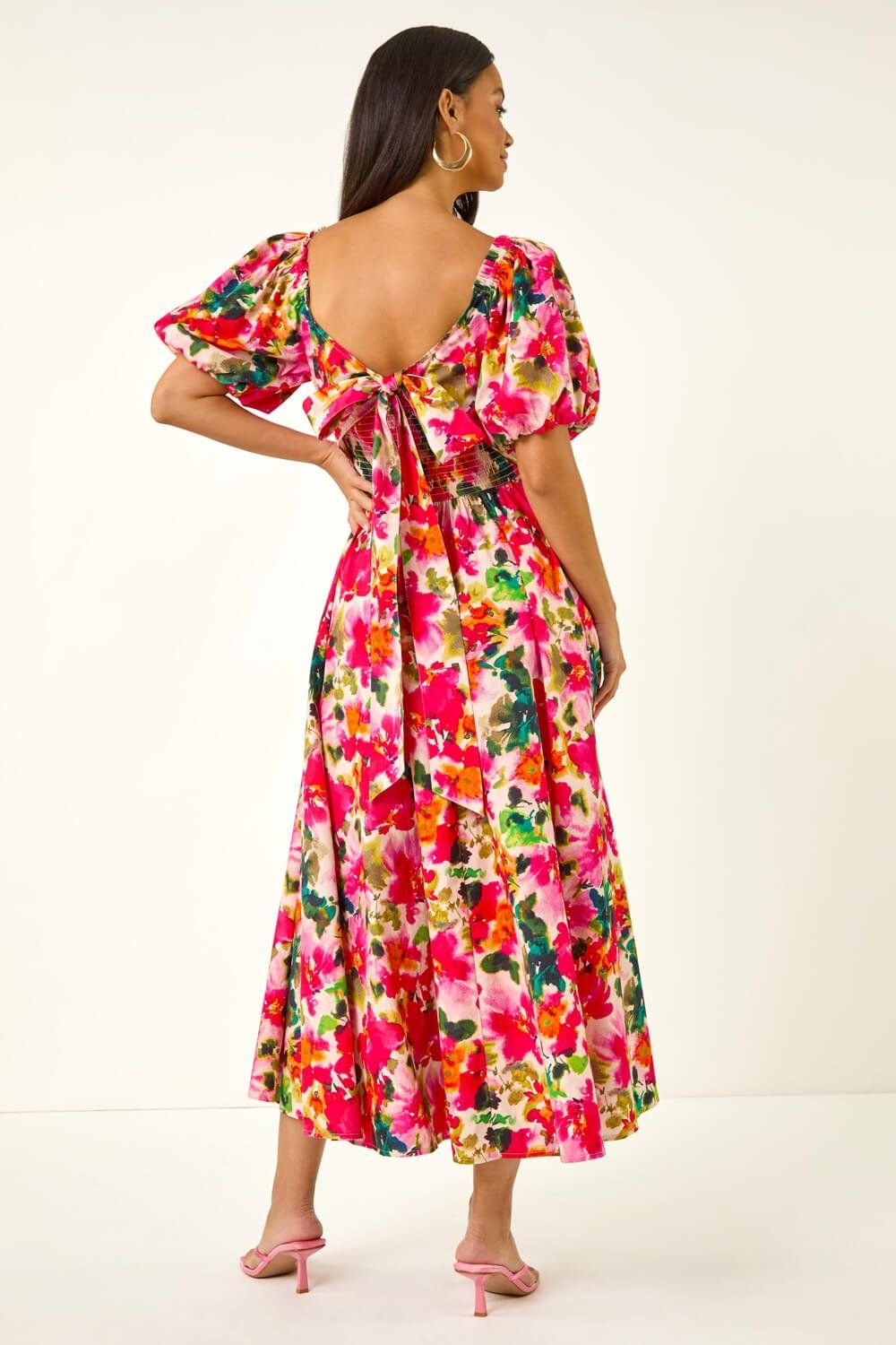 Dusk Dusk Women's Floral Pleated Puff Dress in Red - 3