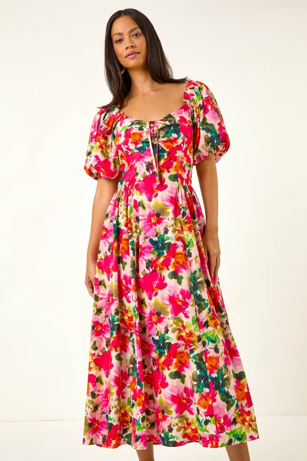 Dusk Dusk Women's Floral Pleated Puff Dress in Red - 4