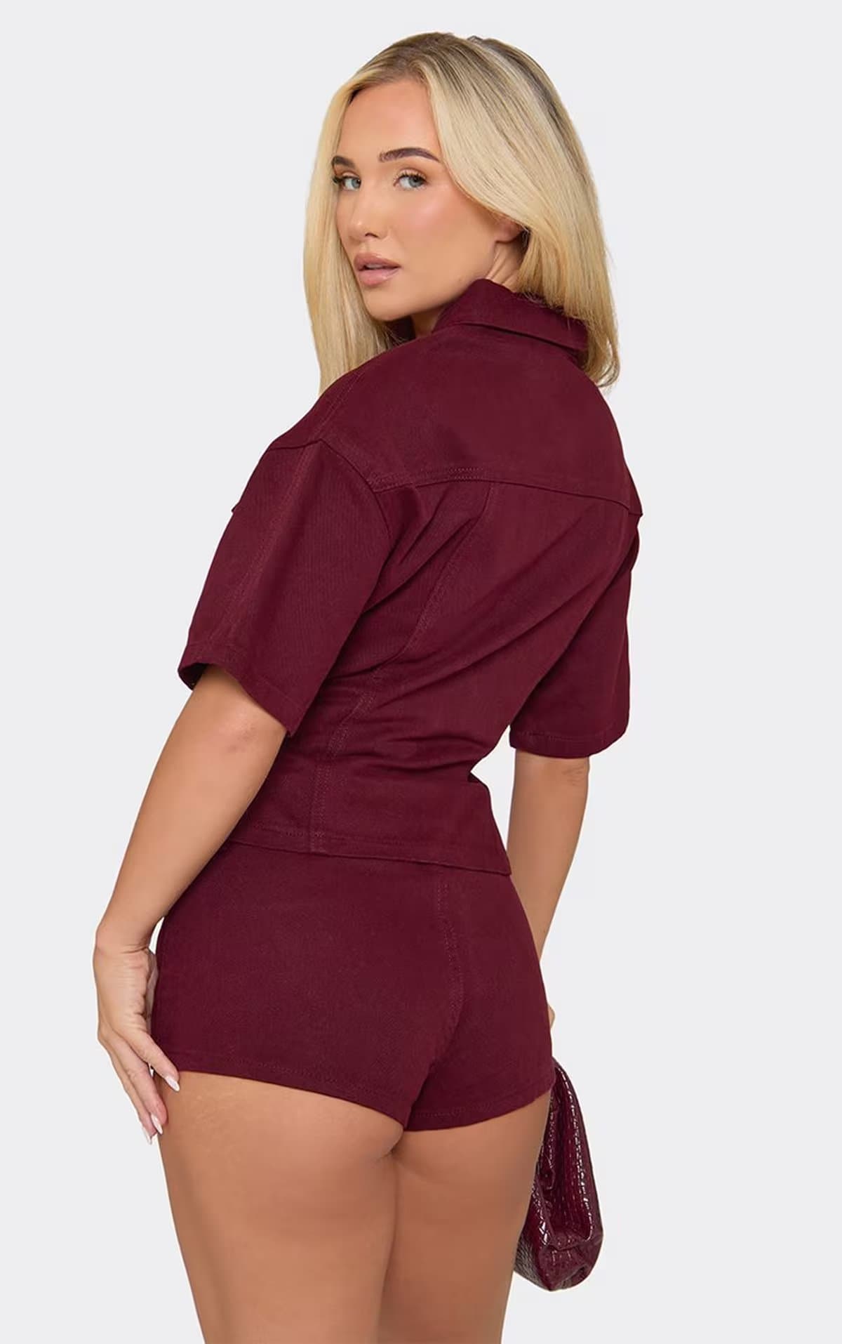 EGO Short Sleeve Cinched Waist Detail Collared Top In Burgundy Denim, Women's Size UK 6