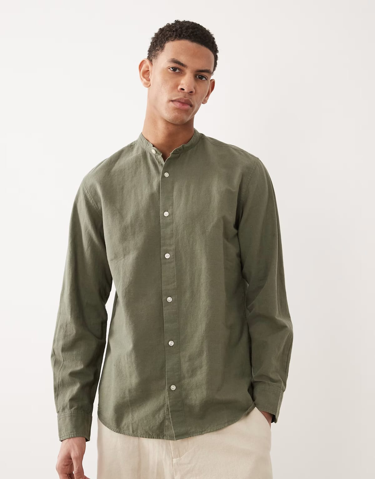 ASOS Jack & Jones linen blend shirt with grandad collar in khaki - 1