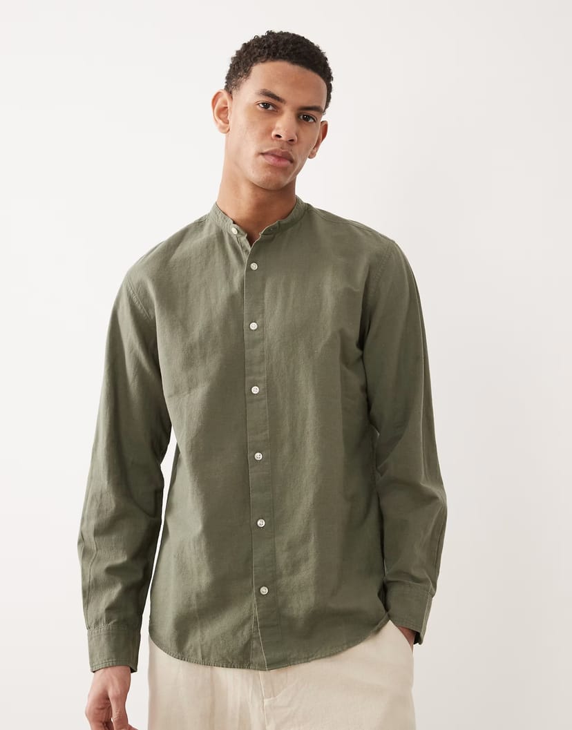 ASOS Jack & Jones linen blend shirt with grandad collar in khaki - 1