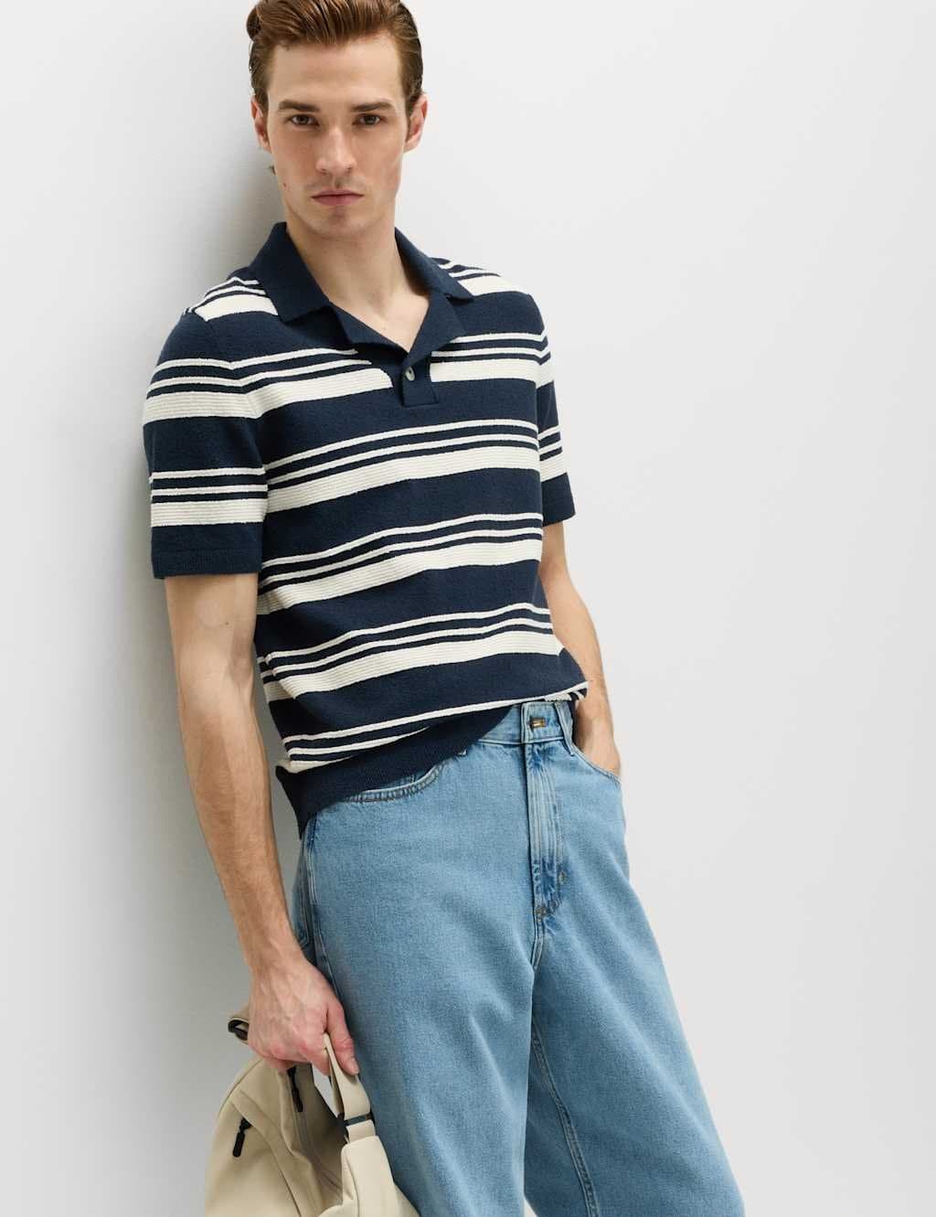 Marks & Spencer M&S Cotton Rich Bold Striped Boucle Polo Shirt Navy Mix