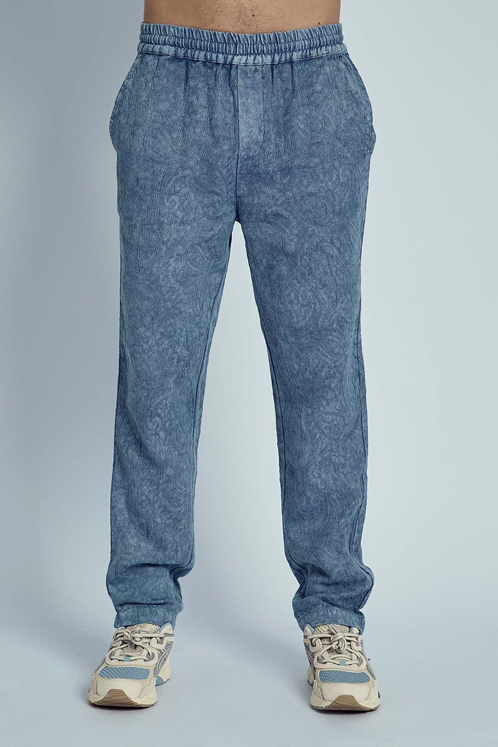 Native Youth Native Youth Men's Cotton Paisley Pattern Washed Denim-Style Straight-Leg Trousers in Blue
