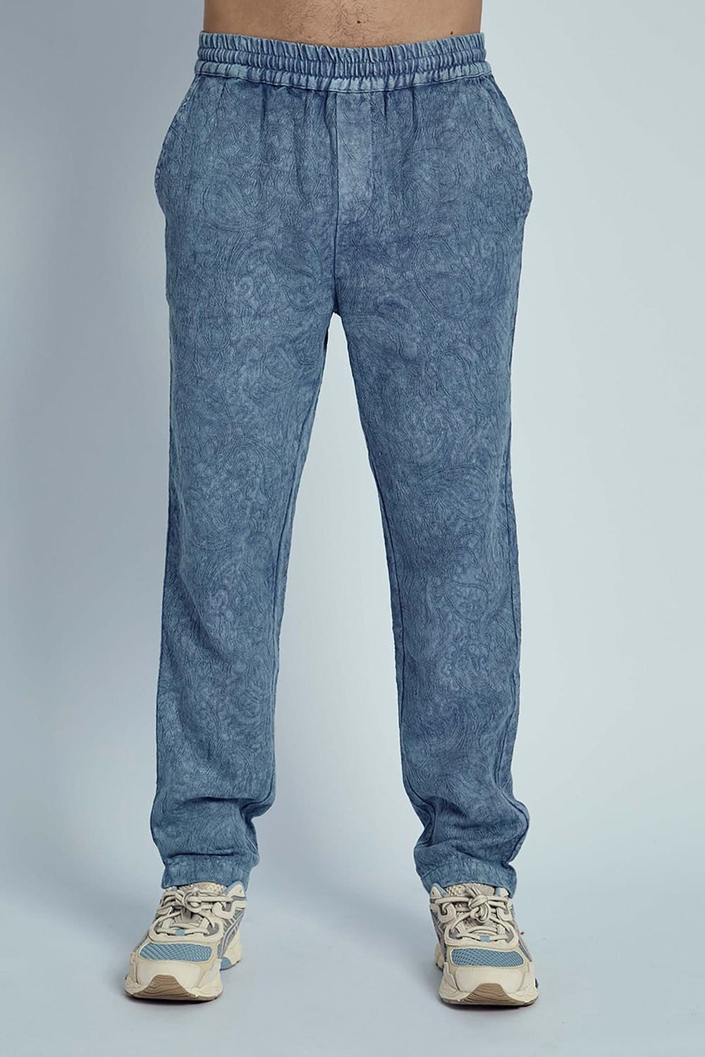 Native Youth Native Youth Men's Cotton Paisley Pattern Washed Denim-Style Straight-Leg Trousers in Blue - 1