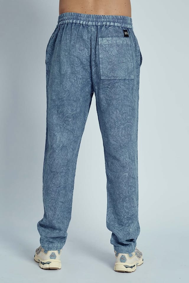 Native Youth Native Youth Men's Cotton Paisley Pattern Washed Denim-Style Straight-Leg Trousers in Blue - 2