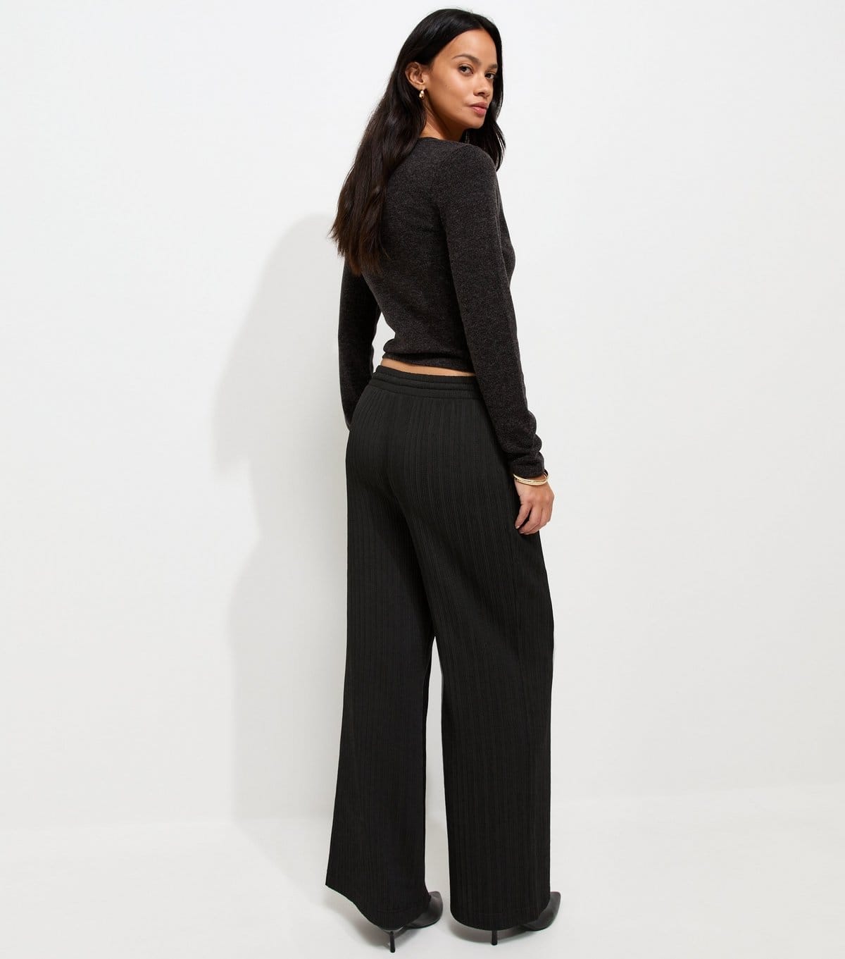 New Look Women's Black Ribbed Texture Wide Leg Trousers New Look - 4