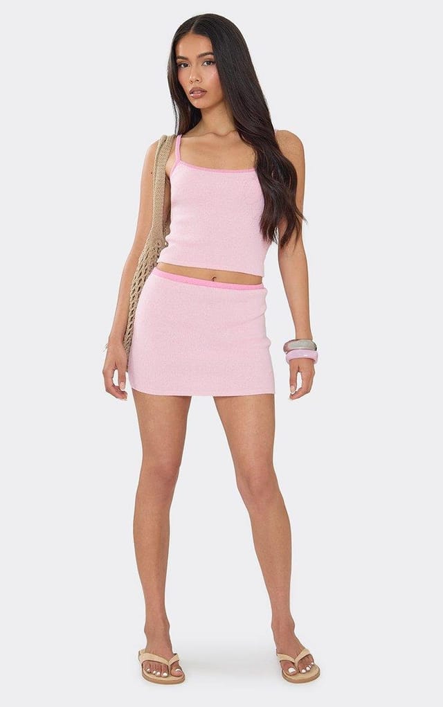 EGO Mid Rise Contrast Hem Mini Skirt In Pink Knit, Women's Size UK L - 2