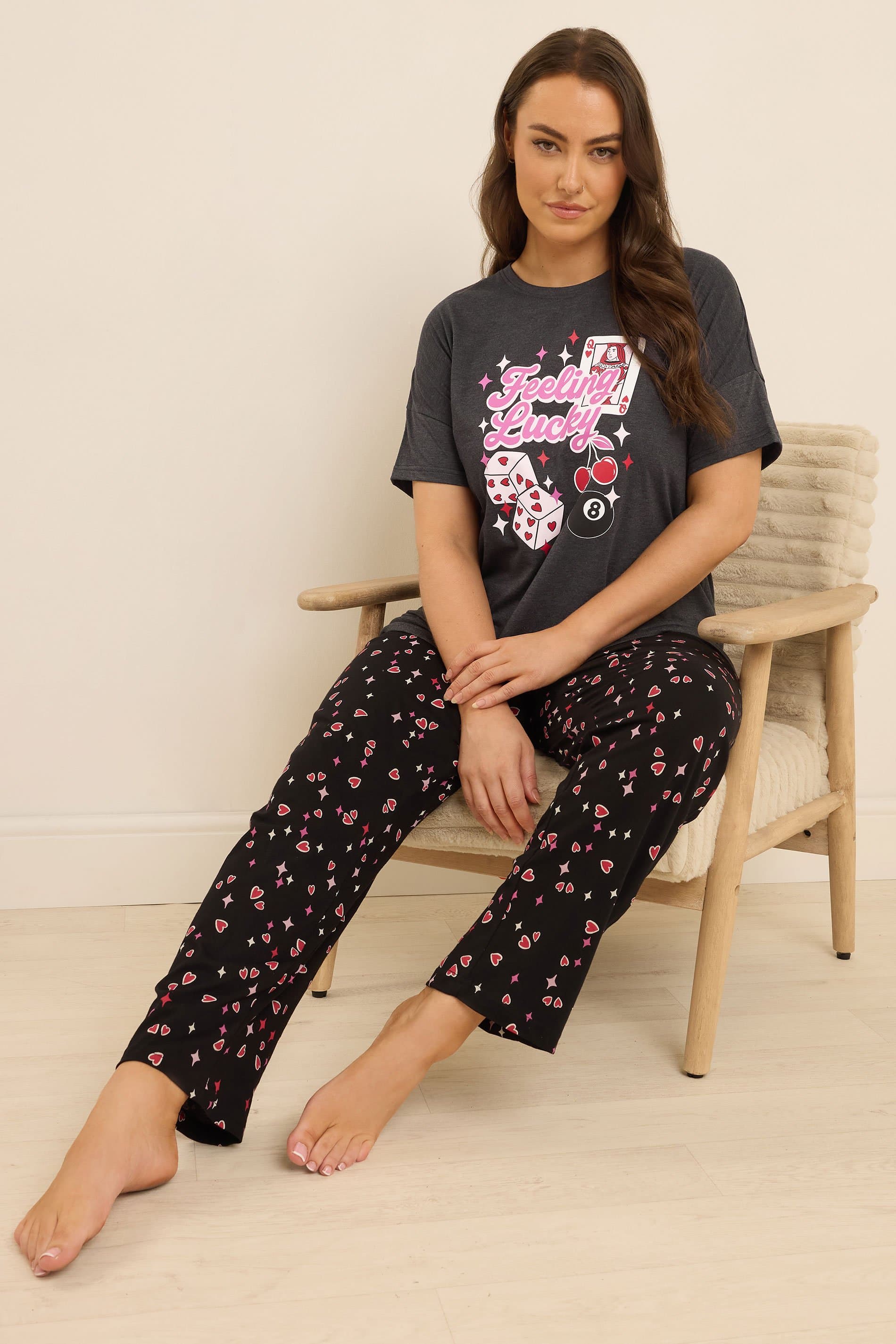Yours Plus Size Grey 'Feeling Lucky' Slogan Wide Leg Pyjama Set