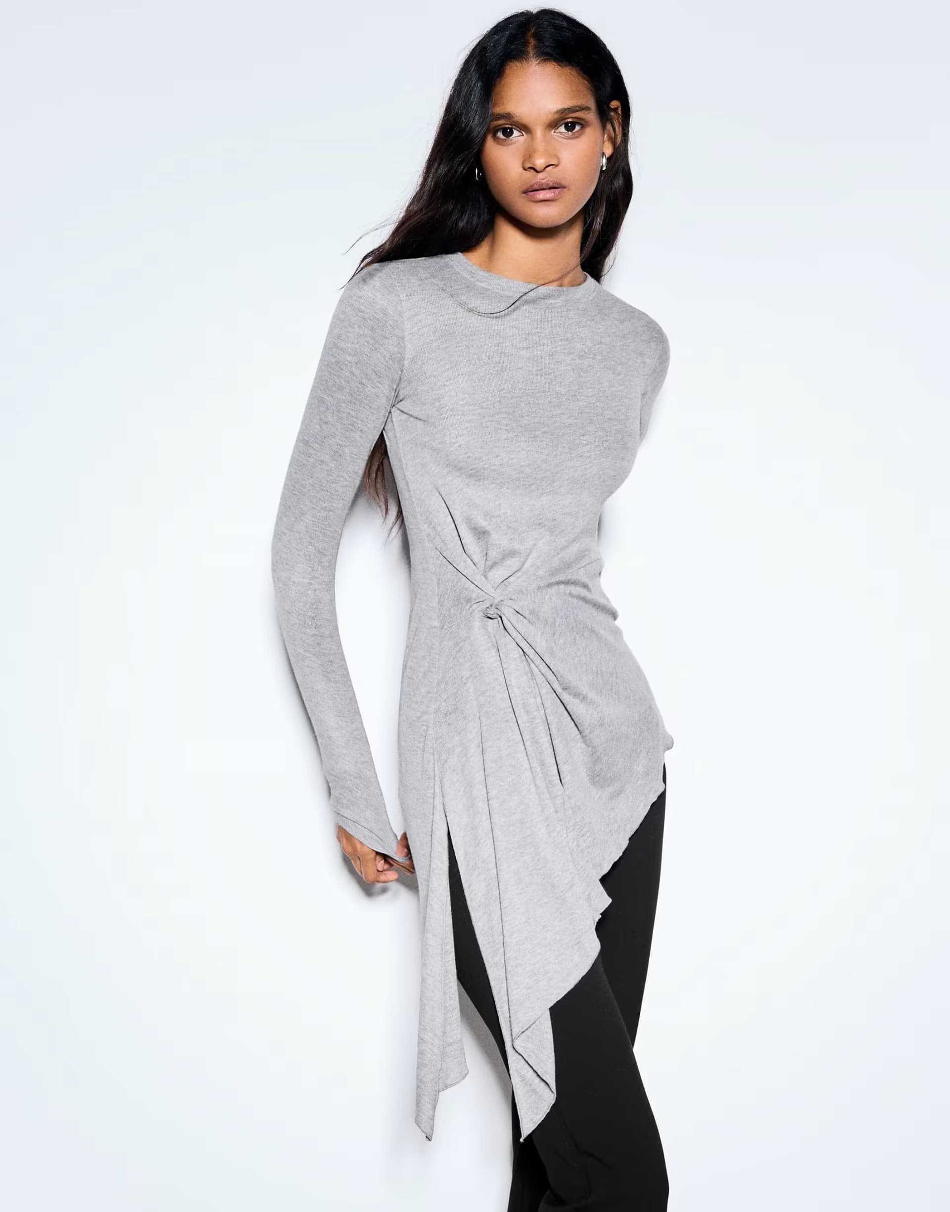 ASOS Bershka Asymmetric long sleeve top in light grey