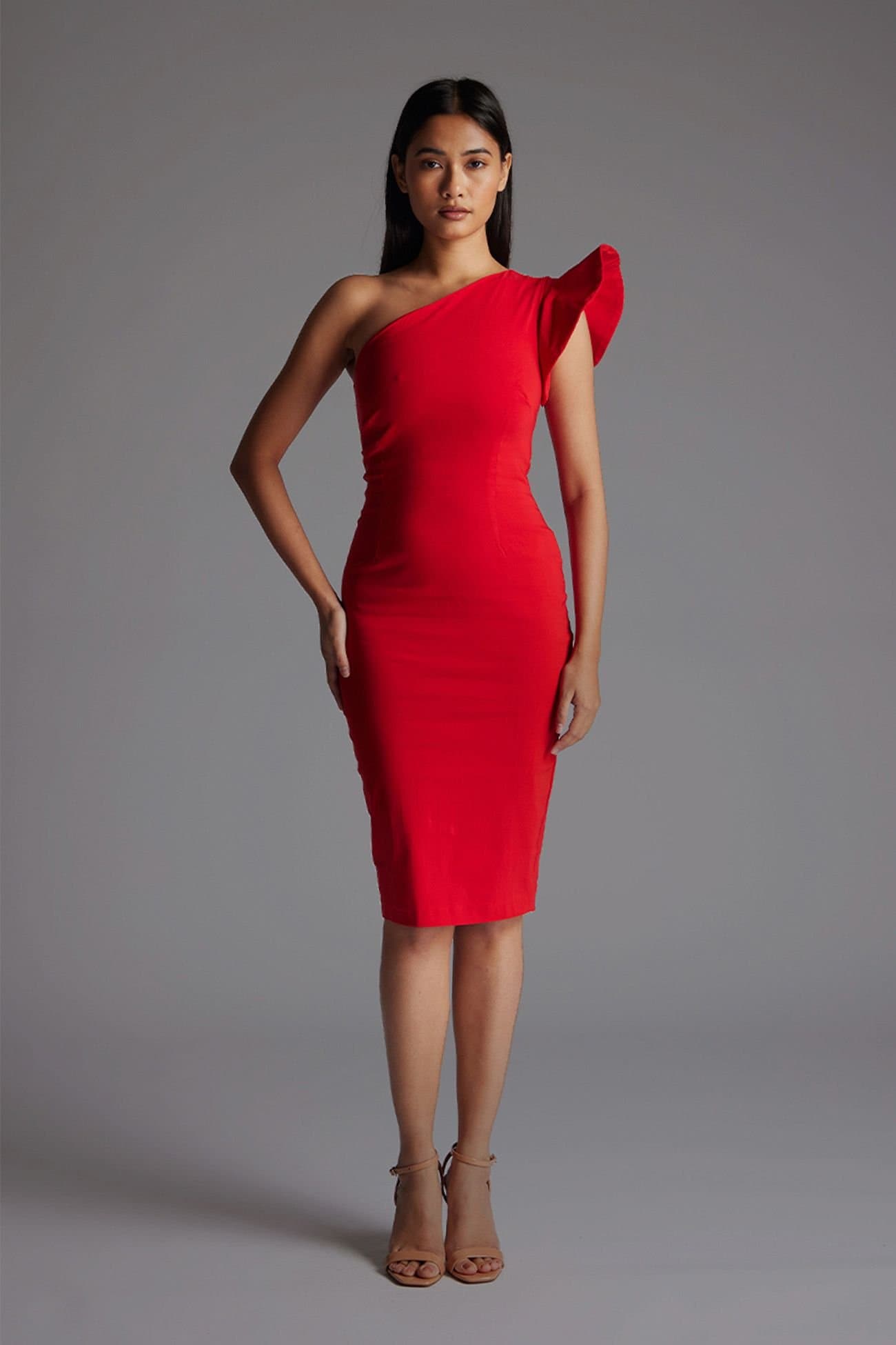 Vesper Vesper Women's One Shoulder Bodycon Midi Dress with Frill in Red