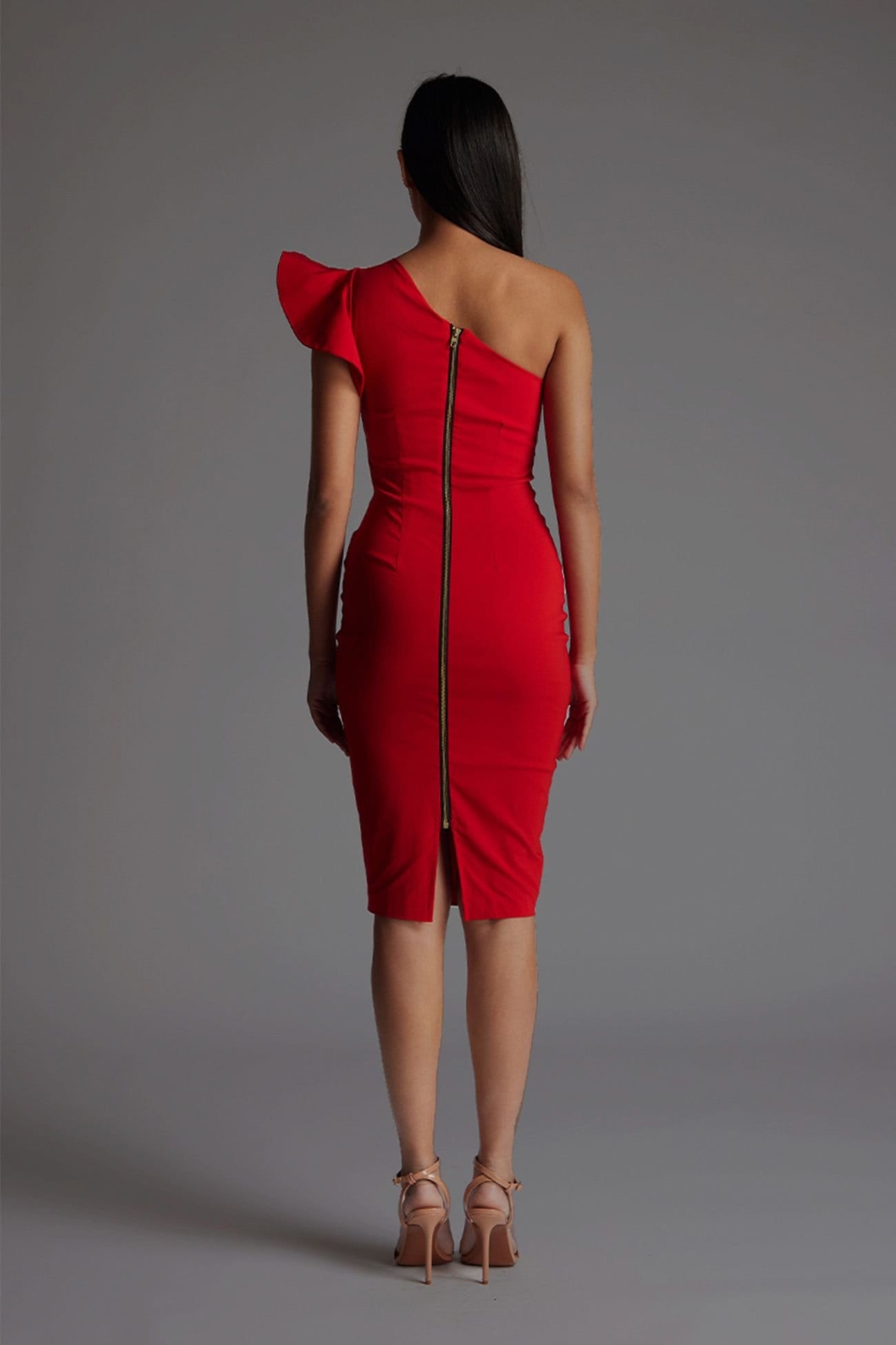 Vesper Vesper Women's One Shoulder Bodycon Midi Dress with Frill in Red - 4