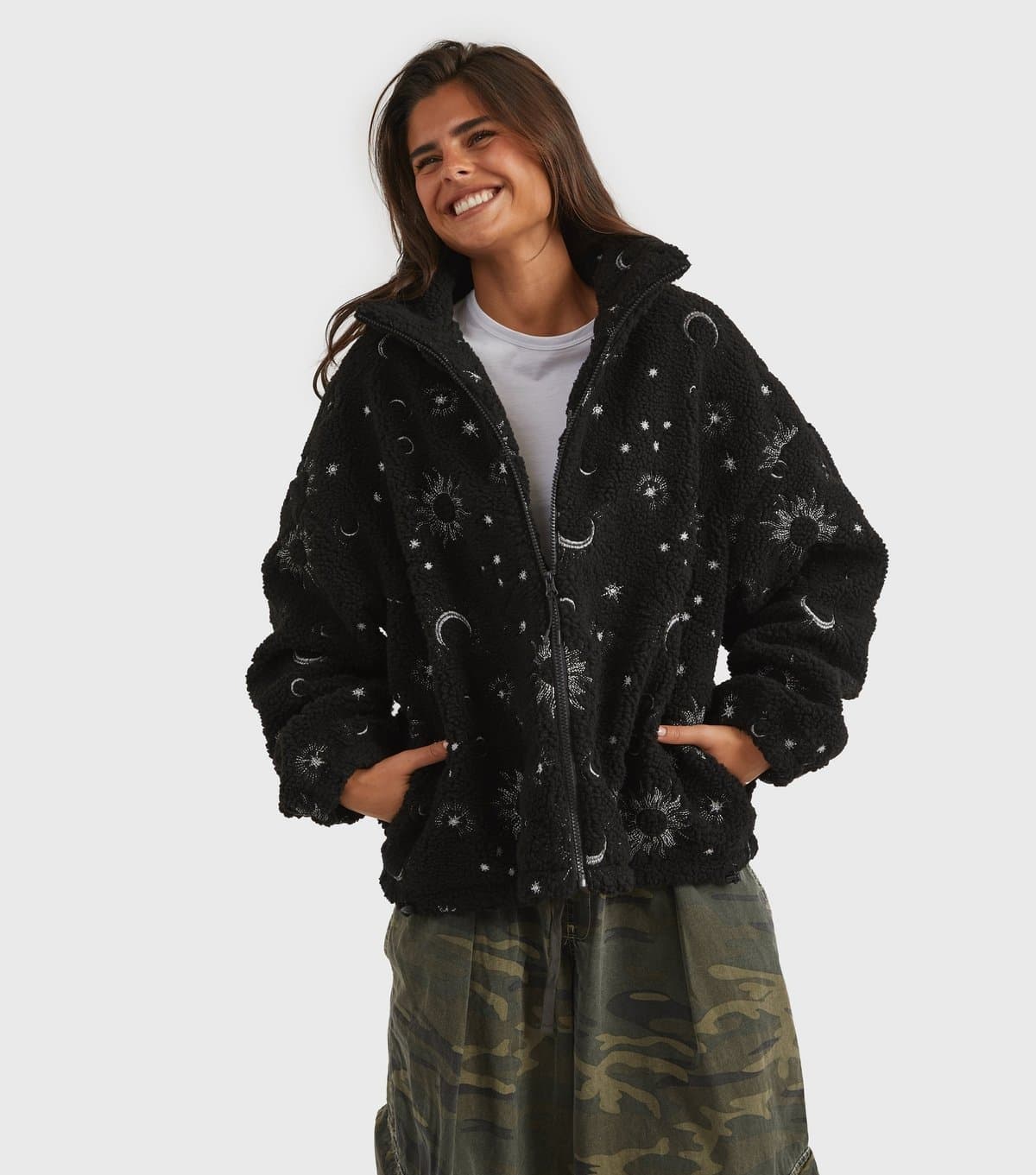 Skinnydip Women's Black Celestial Pattern Borg Fleece Jacket Skinnydip New Look