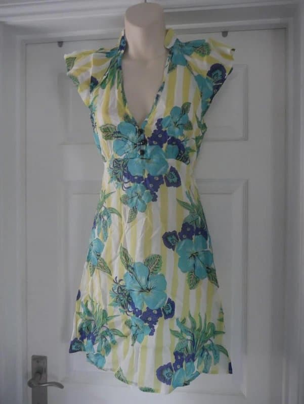 Carbon Carbon Dress Ladies Size 14 Yellow Stripe Floral Cotton Summer Holiday Tea Dress Teadress New BNWT