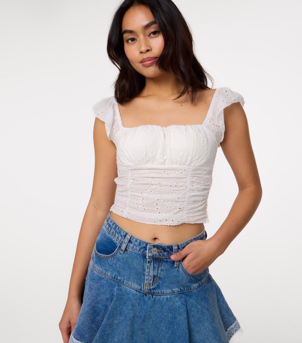 Pink Vanilla Pink Vanilla White Broderie Frill Sleeve Top