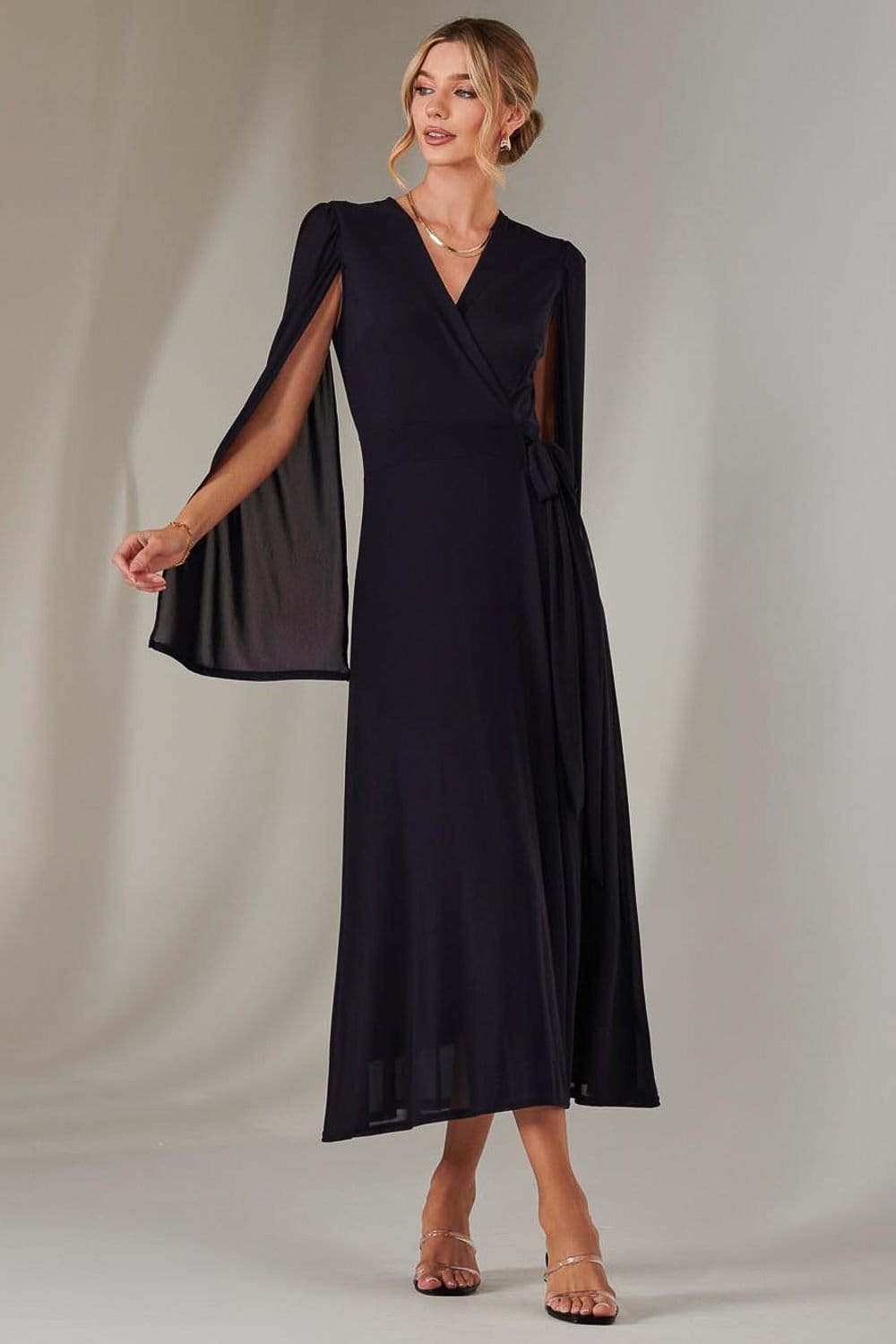 Jolie Moi Jolie Moi Women's Amira Cape Sleeve Wrapped Maxi Dress in Navy - 4