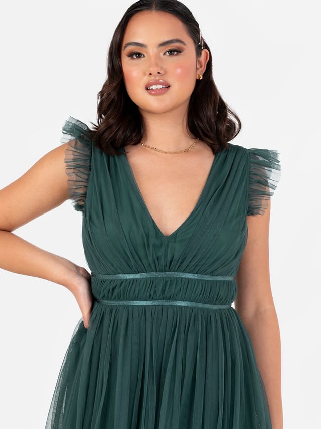 Anaya with Love Anaya with Love Women's V Neck Flutter Sleeve Maxi Dress in Emerald - 2