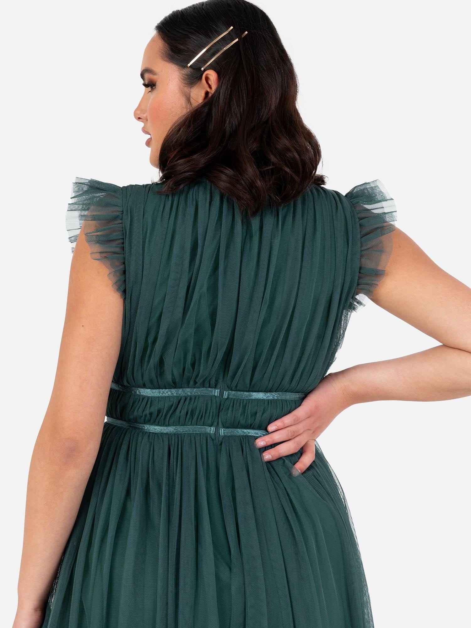 Anaya with Love Anaya with Love Women's V Neck Flutter Sleeve Maxi Dress in Emerald - 4