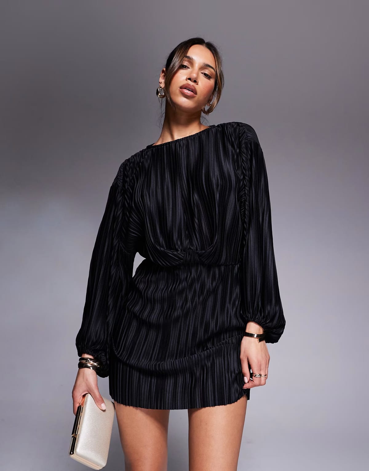 ASOS ASOS DESIGN plisse blouson sleeve and waist mini dress in black - BLACK - 1