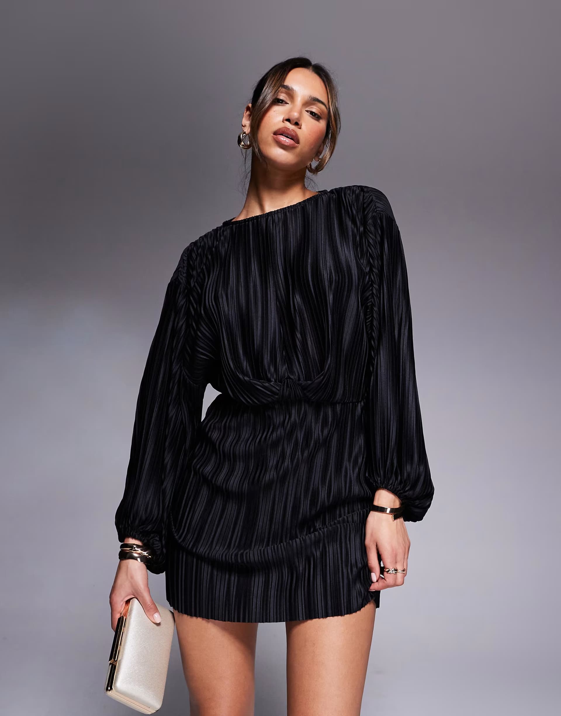 ASOS ASOS DESIGN plisse blouson sleeve and waist mini dress in black - BLACK